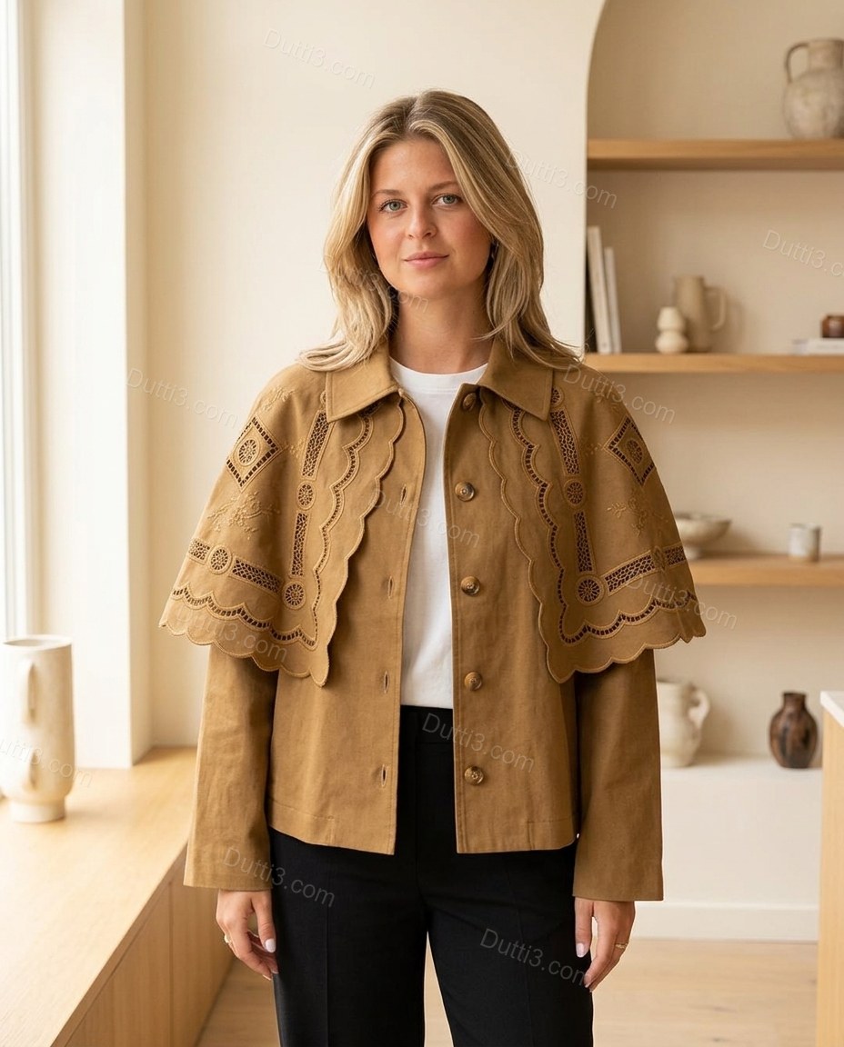 Camel Geometric Cape Embroidered Jacket, full-length hero view, by Dutti3
