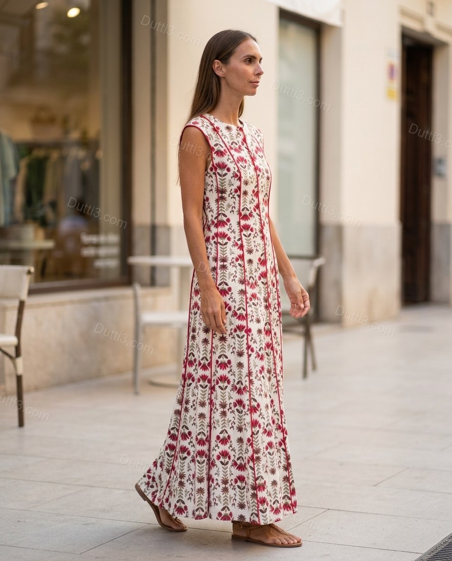 White Floral Maxi Cotton Dress, three-quarter brand lifestyle view, by Dutti3