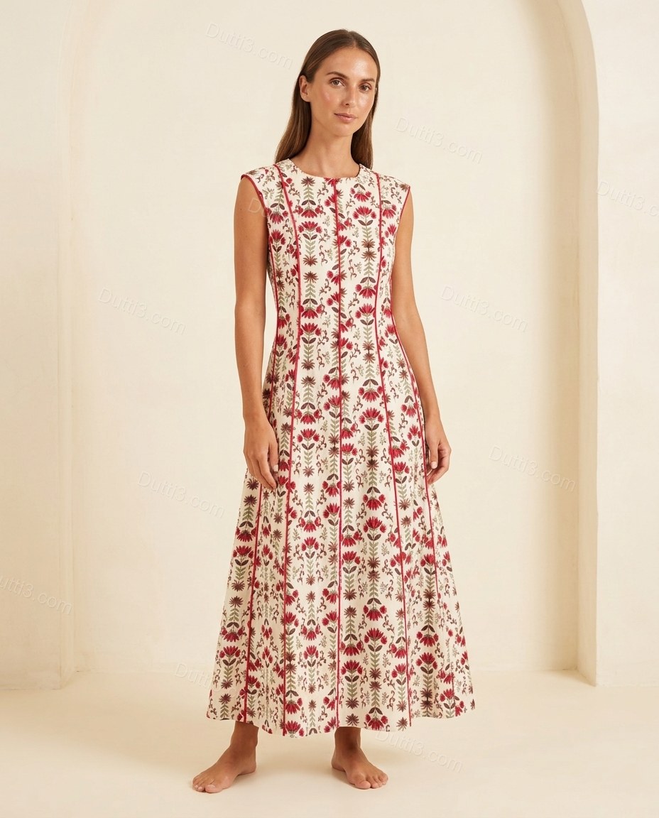 White Floral Maxi Cotton Dress, full-length hero view, by Dutti3