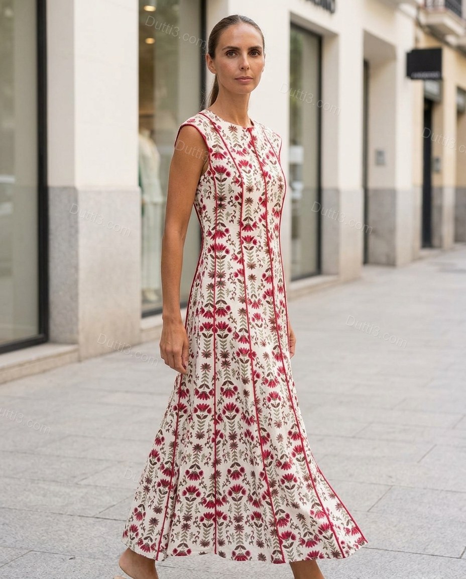 White Floral Maxi Cotton Dress, walking lifestyle view, by Dutti3