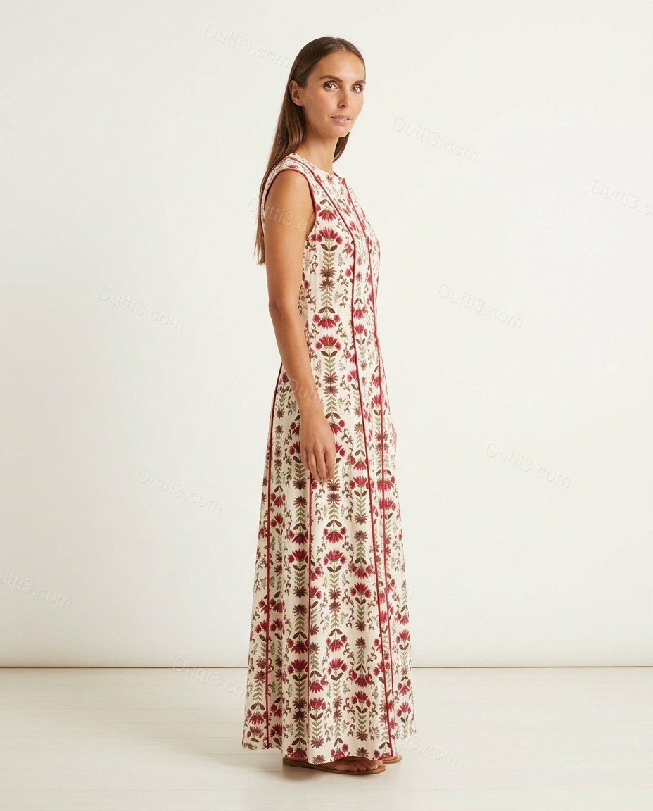 White Floral Maxi Cotton Dress, side and back studio view showing vertical panel seams continue to the back, by Dutti3