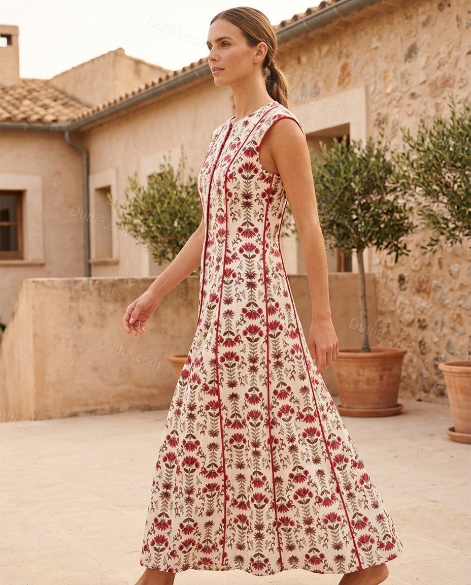 White Floral Maxi Cotton Dress, movement and fit lifestyle view, by Dutti3