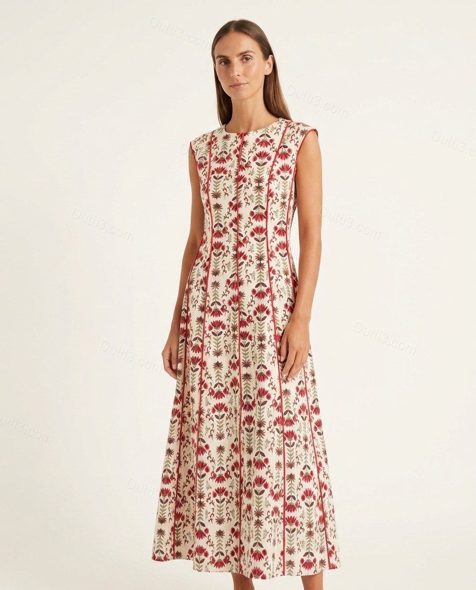 White Floral Maxi Cotton Dress, front studio view, by Dutti3