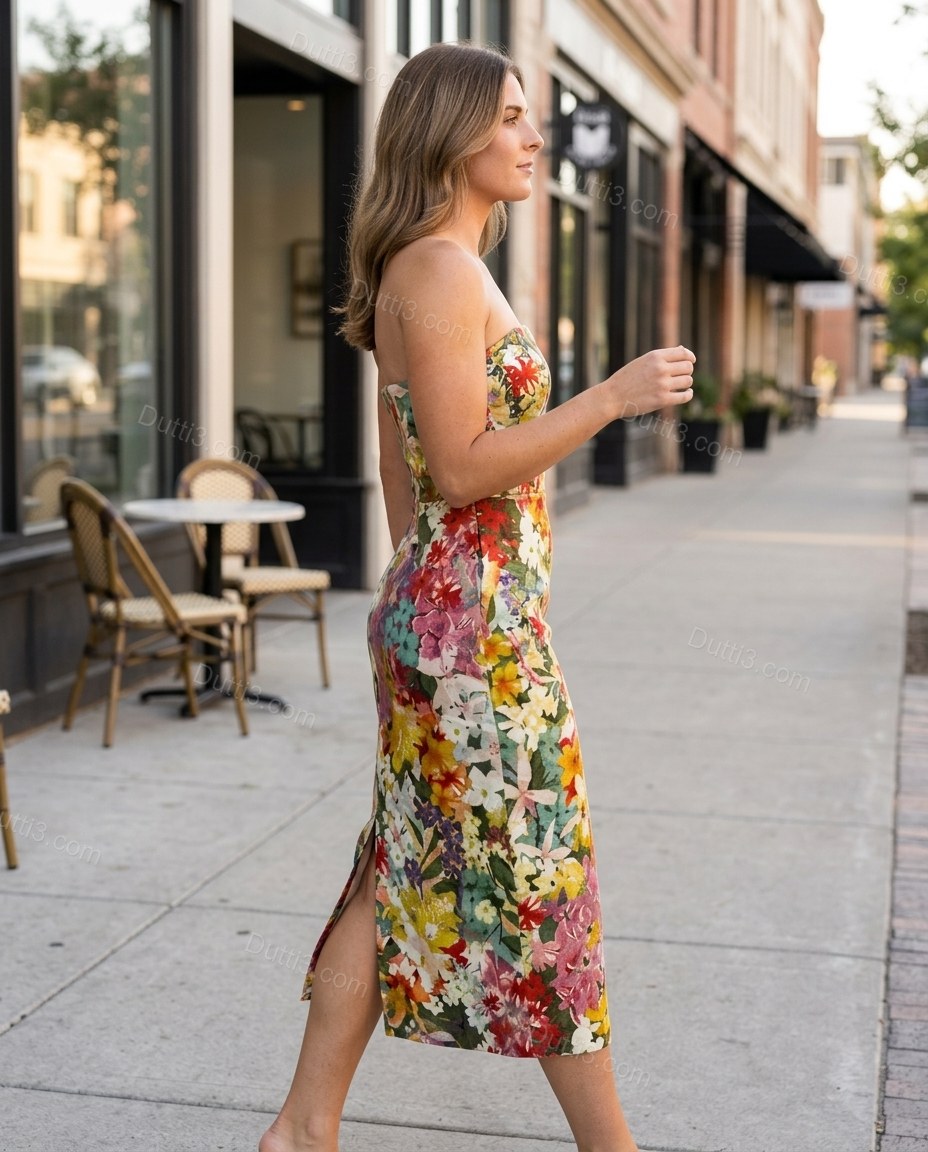 Multi-Color Floral Midi Strapless Dress, walking lifestyle view, by Dutti3