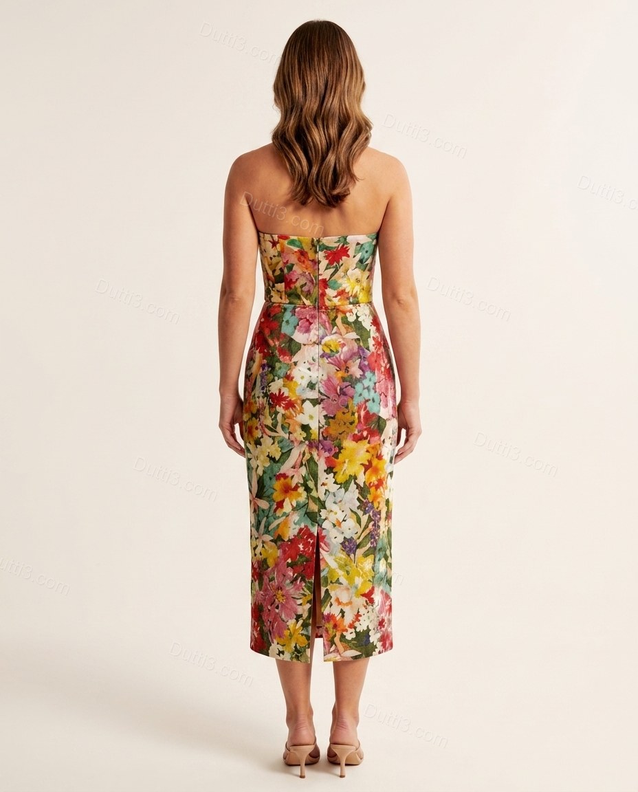 Multi-Color Floral Midi Strapless Dress, back studio view showing clean straight back with central zipper, by Dutti3