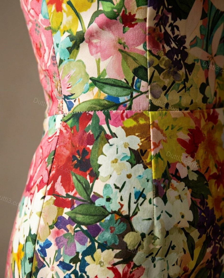 Multi-Color Floral Midi Strapless Dress, close-up of floral, by Dutti3