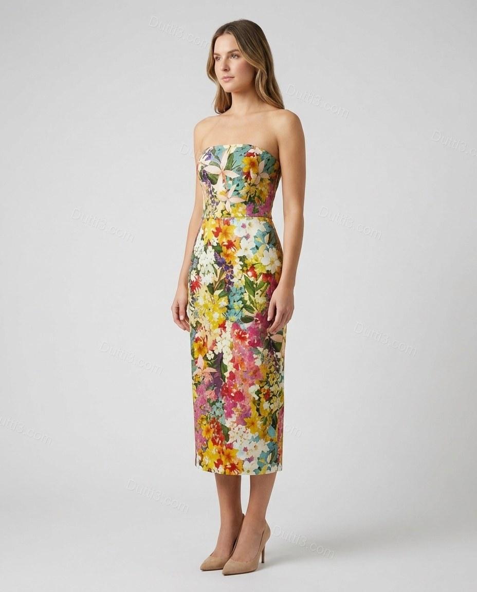 Multi-Color Floral Midi Strapless Dress, front studio view, by Dutti3