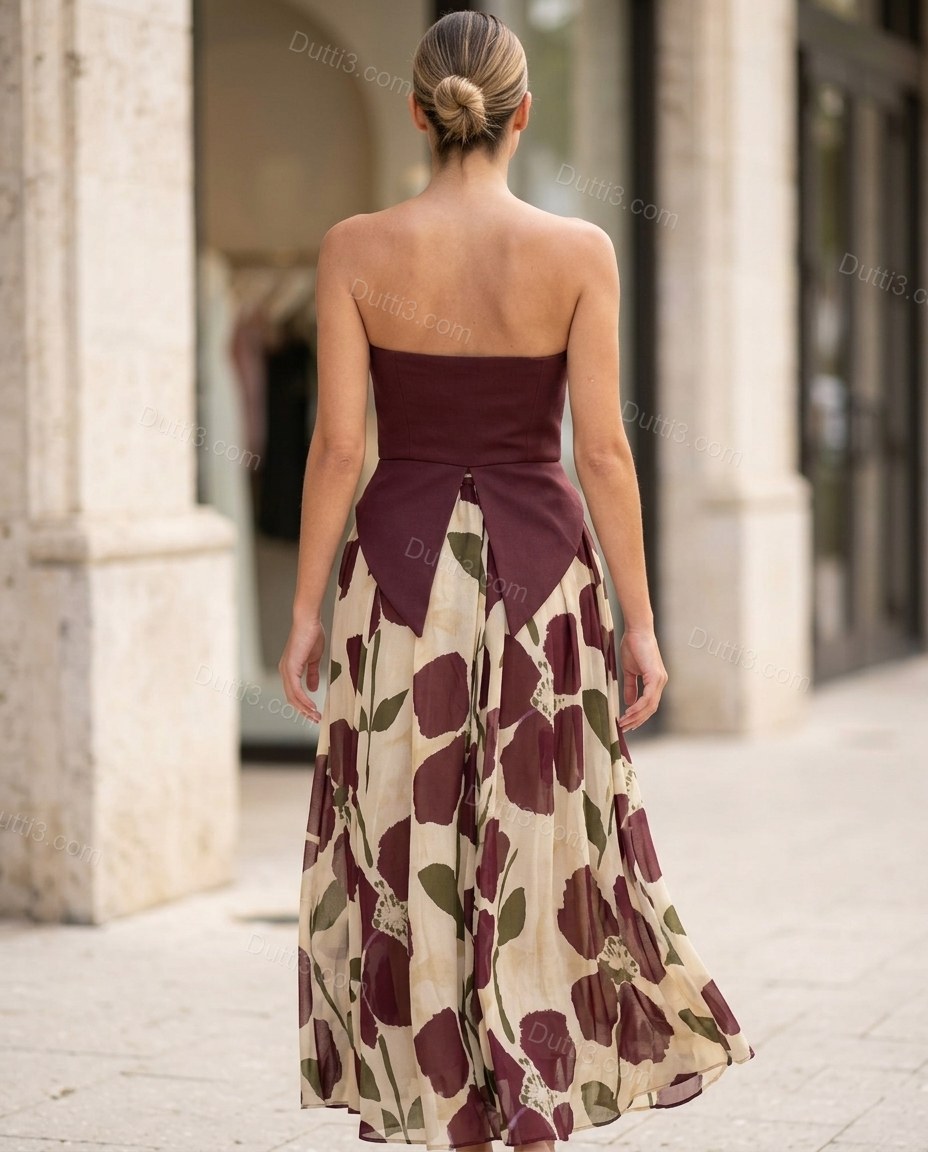 Burgundy Floral Maxi Strapless Skirt Set, alternate use-case lifestyle view, by Dutti3