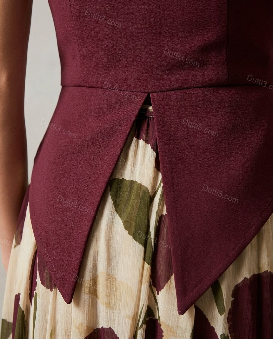 Burgundy Floral Maxi Strapless Skirt Set, close-up of floral, by Dutti3