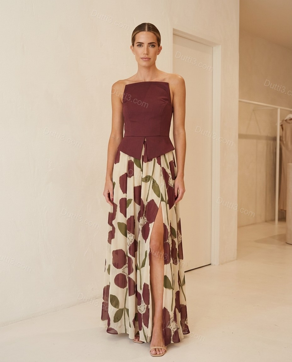 Burgundy Floral Maxi Strapless Skirt Set, full-length hero view, by Dutti3