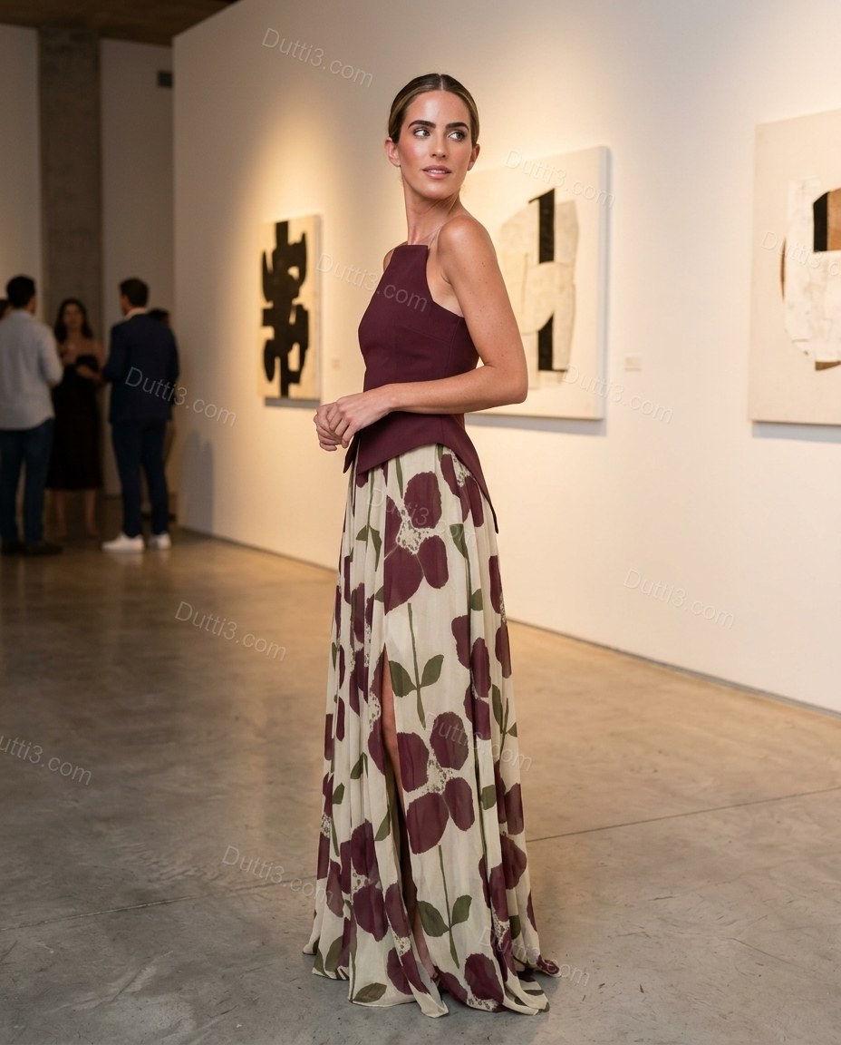 Burgundy Floral Maxi Strapless Skirt Set, three-quarter brand lifestyle view, by Dutti3