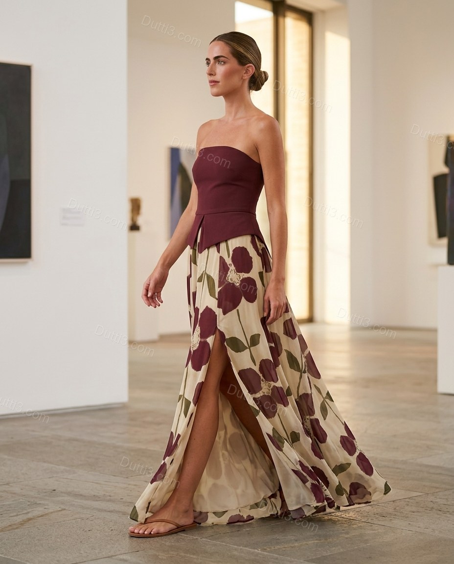Burgundy Floral Maxi Strapless Skirt Set, walking lifestyle view, by Dutti3