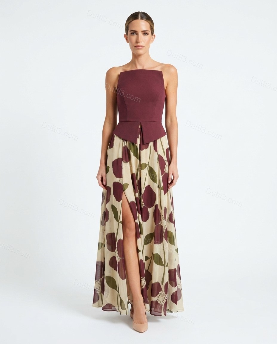 Burgundy Floral Maxi Strapless Skirt Set, front studio view, by Dutti3