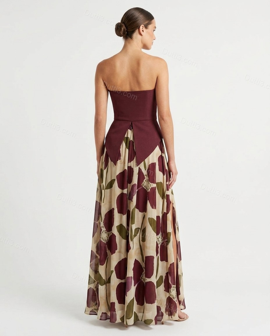 Burgundy Floral Maxi Strapless Skirt Set, back studio view, by Dutti3