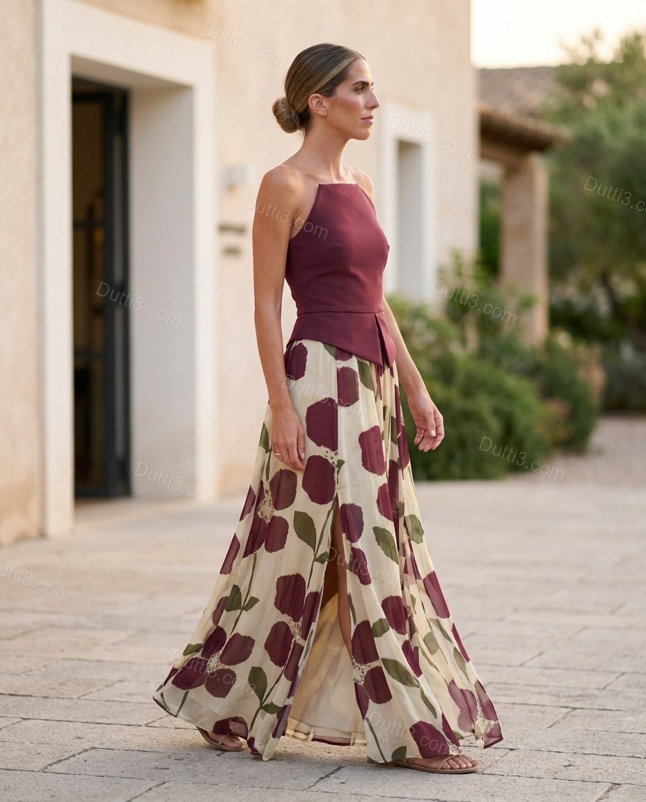 Burgundy Floral Maxi Strapless Skirt Set, movement and fit lifestyle view, by Dutti3