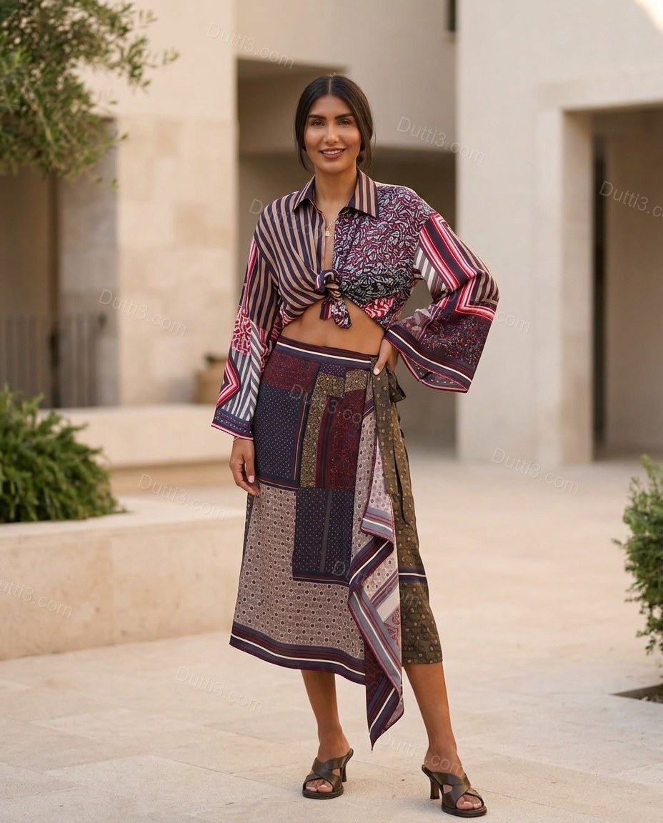 Burgundy Patchwork Midi Asymmetric Shirt & Skirt Set, full-length hero view, by Dutti3