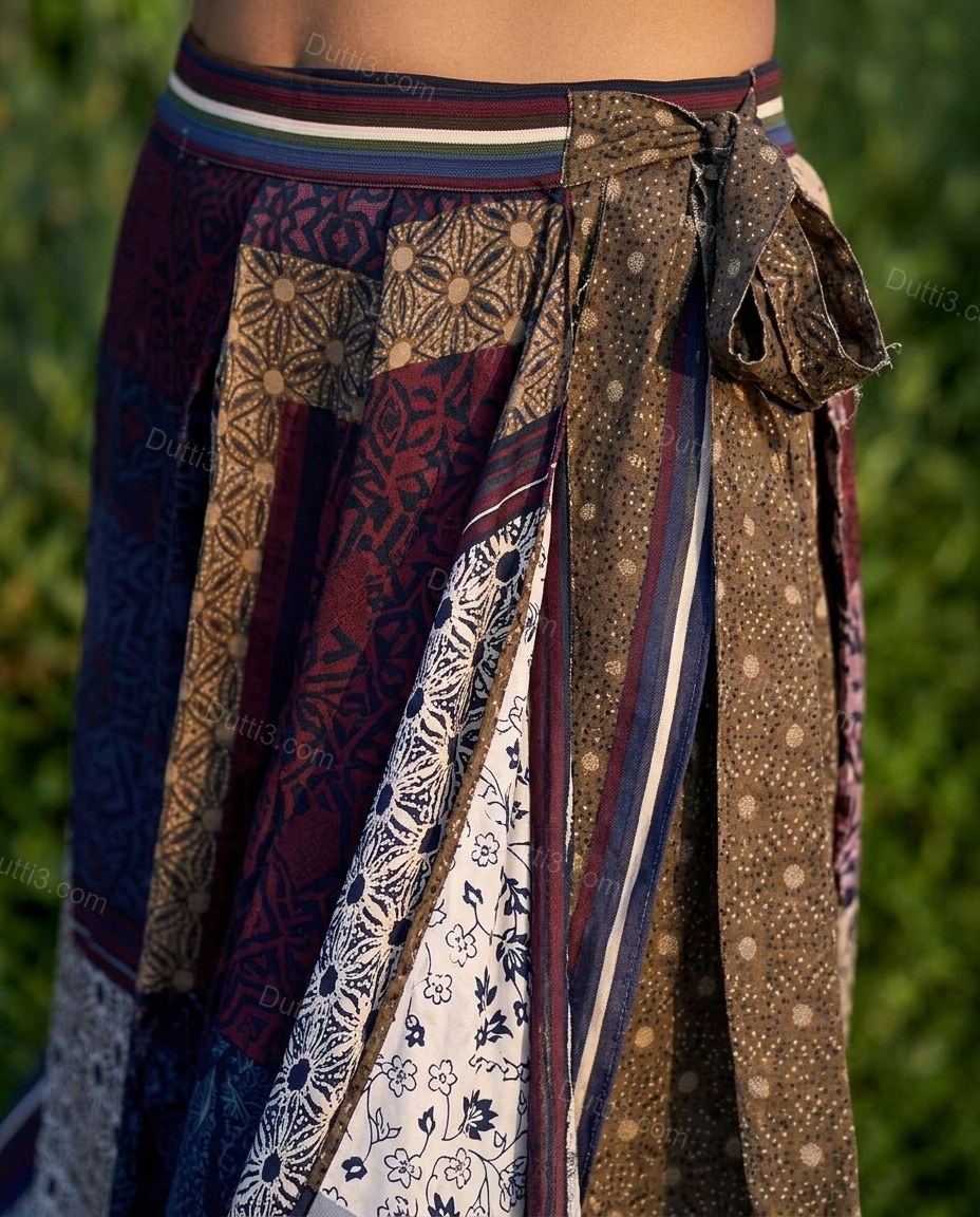 Burgundy Patchwork Midi Asymmetric Shirt & Skirt Set, close-up of patchwork, by Dutti3