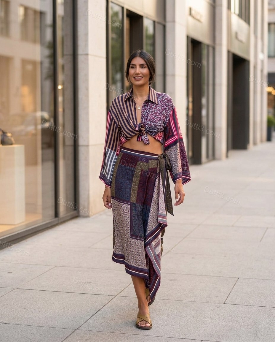 Burgundy Patchwork Midi Asymmetric Shirt & Skirt Set, alternate use-case lifestyle view, by Dutti3