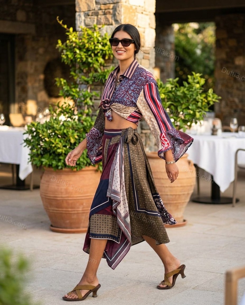 Burgundy Patchwork Midi Asymmetric Shirt & Skirt Set, walking lifestyle view, by Dutti3