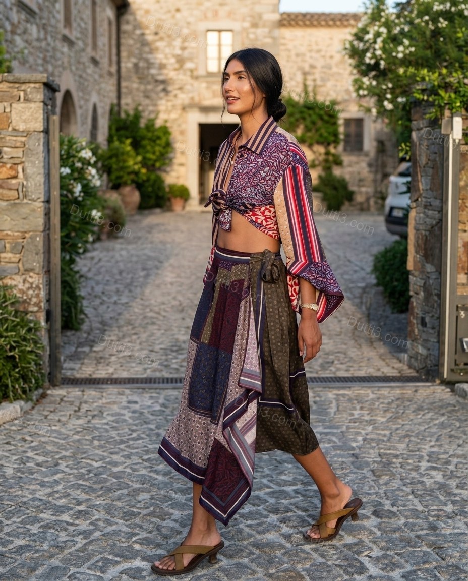 Burgundy Patchwork Midi Asymmetric Shirt & Skirt Set, movement and fit lifestyle view, by Dutti3