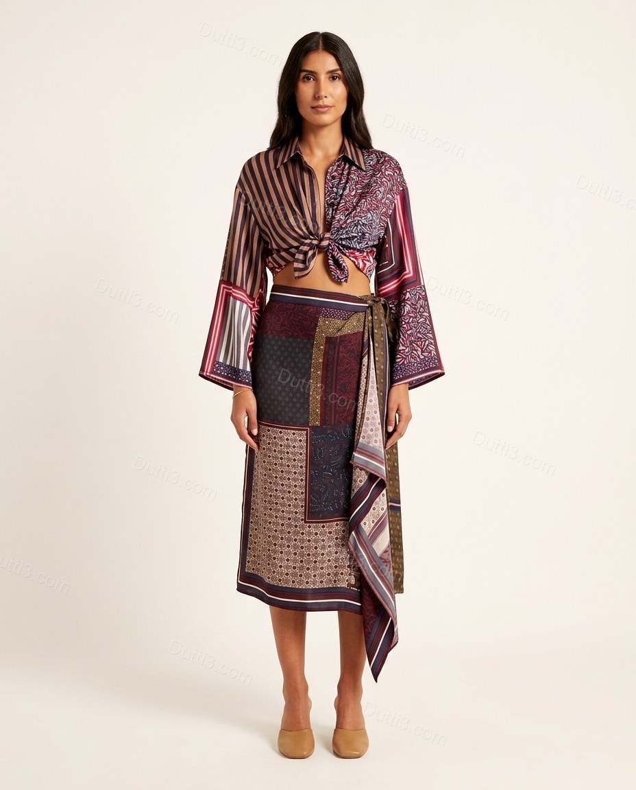 Burgundy Patchwork Midi Asymmetric Shirt & Skirt Set, front studio view, by Dutti3