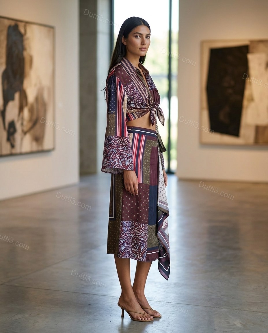 Burgundy Patchwork Midi Asymmetric Shirt & Skirt Set, three-quarter brand lifestyle view, by Dutti3