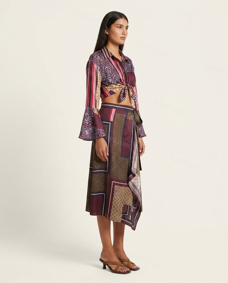 Burgundy Patchwork Midi Asymmetric Shirt & Skirt Set, side and back studio view, by Dutti3