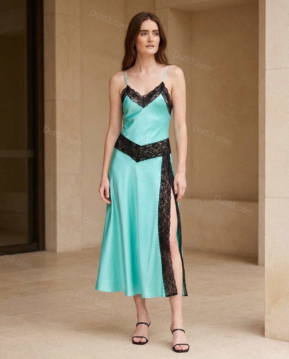 Turquoise Midi Satin Lace Dress, full-length hero view, by Dutti3