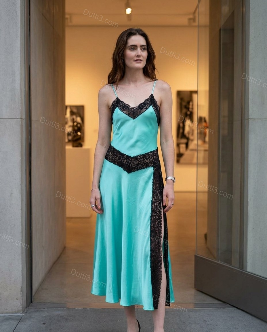 Turquoise Midi Satin Lace Dress, three-quarter brand lifestyle view, by Dutti3