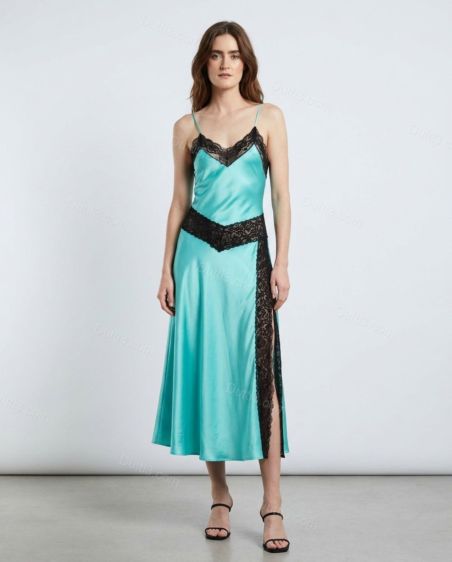 Turquoise Midi Satin Lace Dress, side and back studio view, by Dutti3