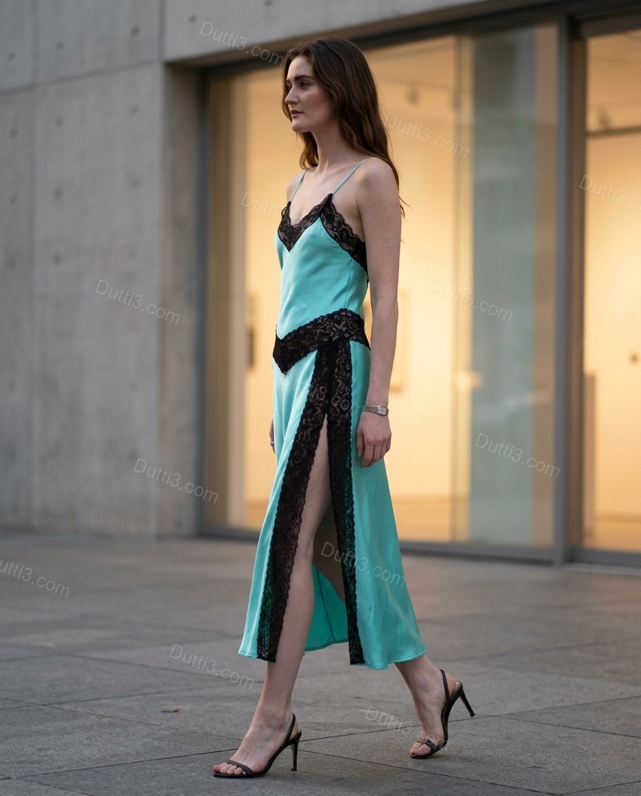Turquoise Midi Satin Lace Dress, alternate use-case lifestyle view, by Dutti3