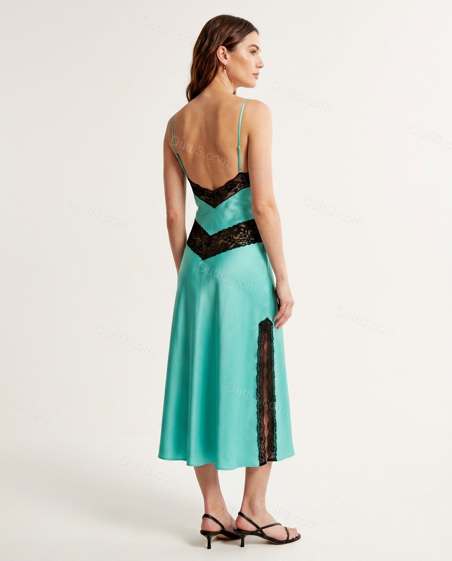 Turquoise Midi Satin Lace Dress, front studio view, by Dutti3