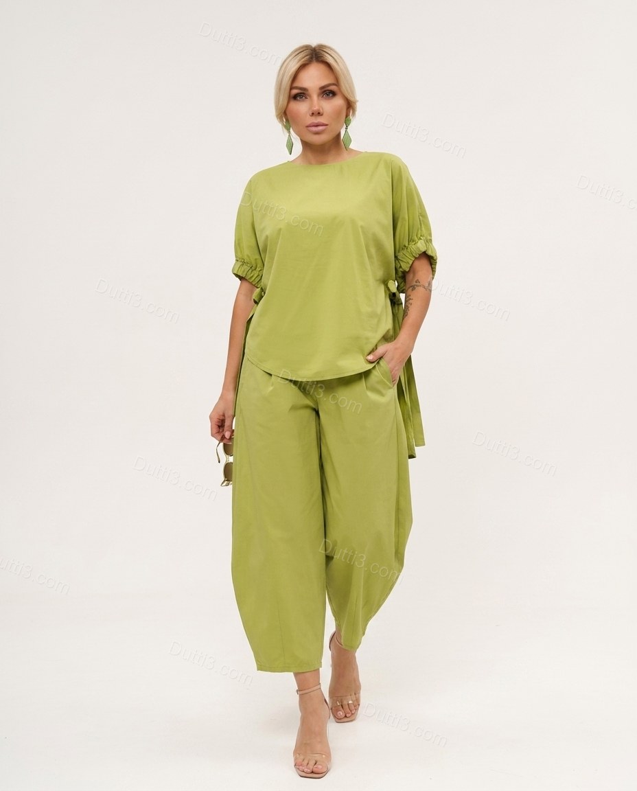 Lime Green Cotton Top & Pants Set, front studio view, by Dutti3