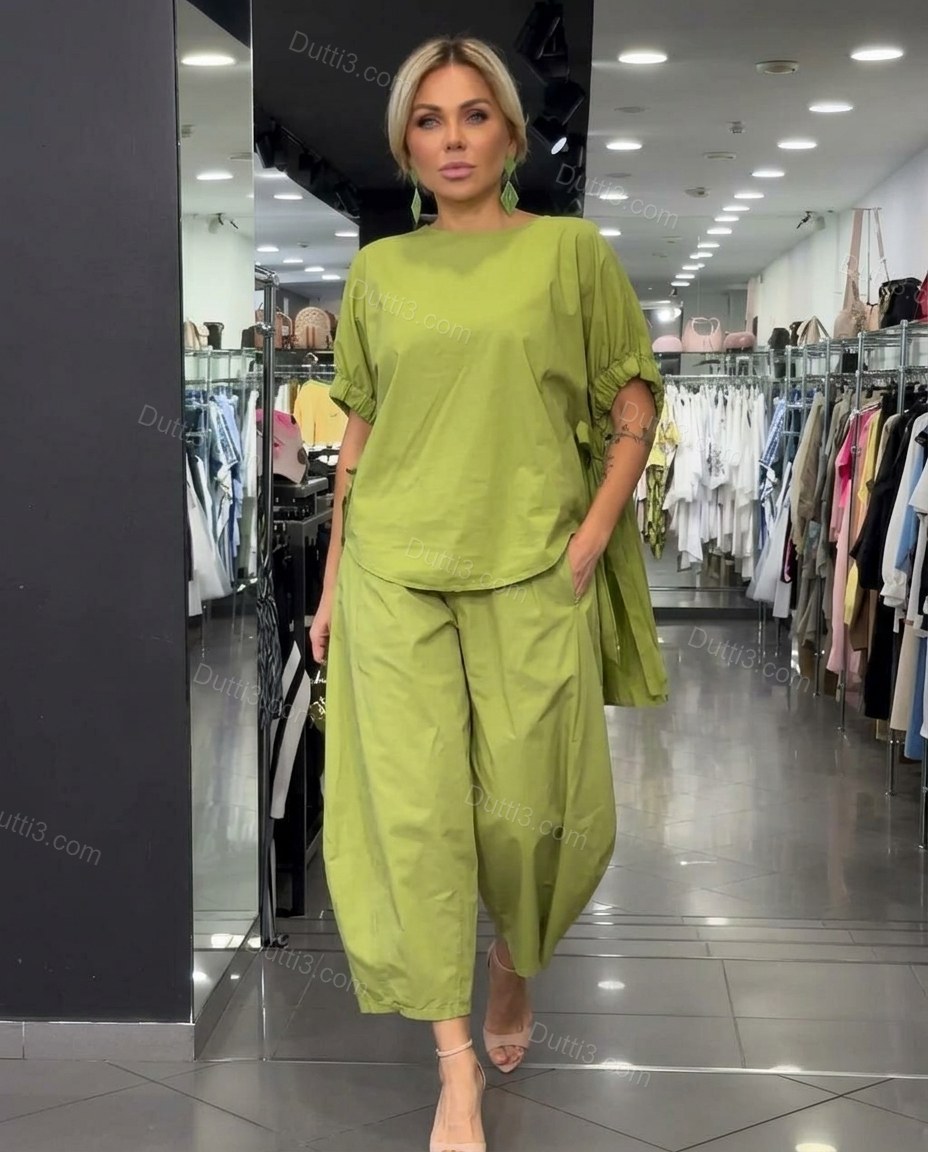 Lime Green Cotton Top & Pants Set, full-length hero view, by Dutti3