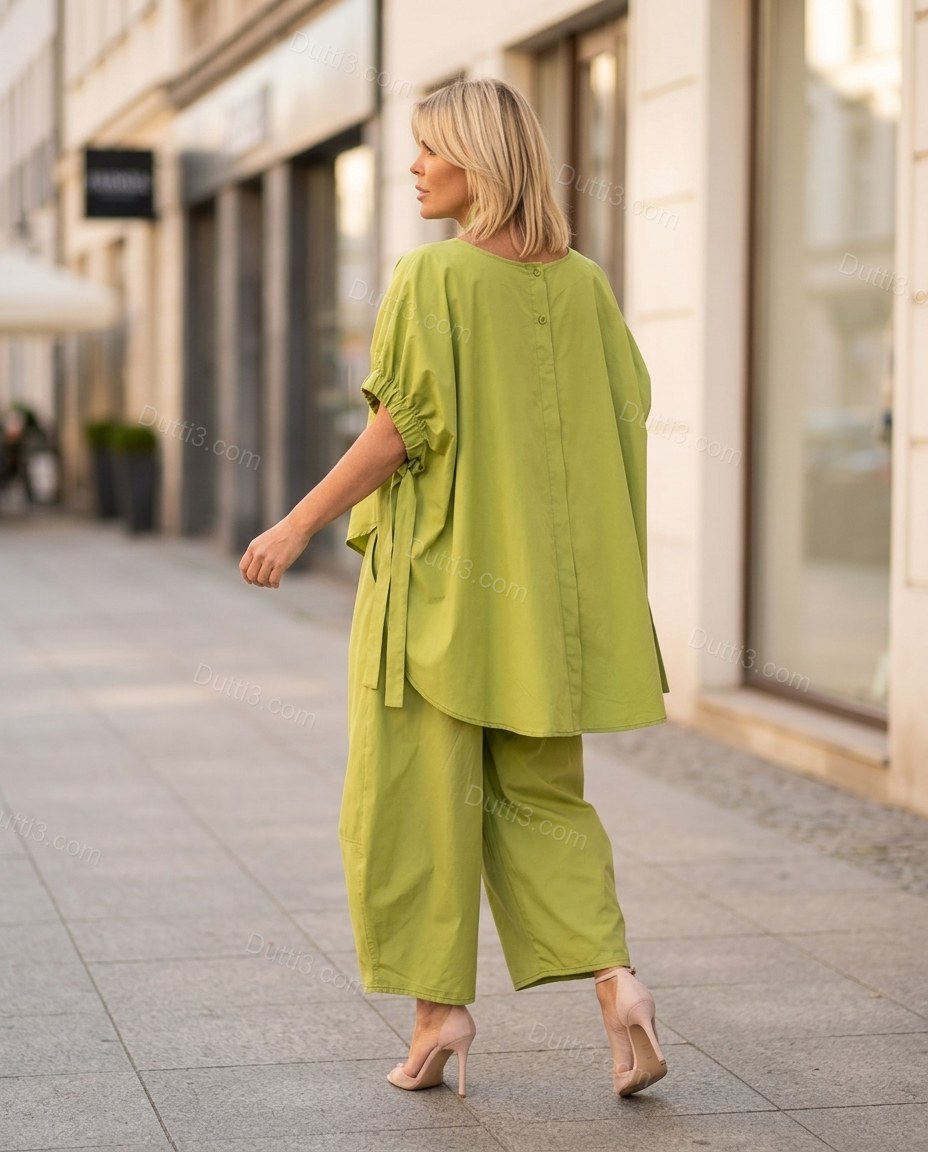 Lime Green Cotton Top & Pants Set, walking lifestyle view, by Dutti3