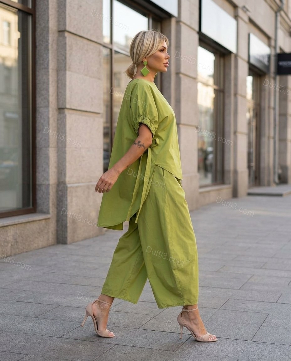 Lime Green Cotton Top & Pants Set, movement and fit lifestyle view, by Dutti3