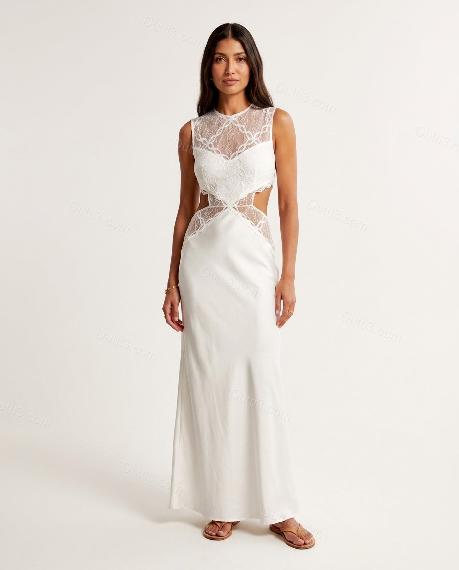 White Floral Maxi Satin Dress, front studio view, by Dutti3