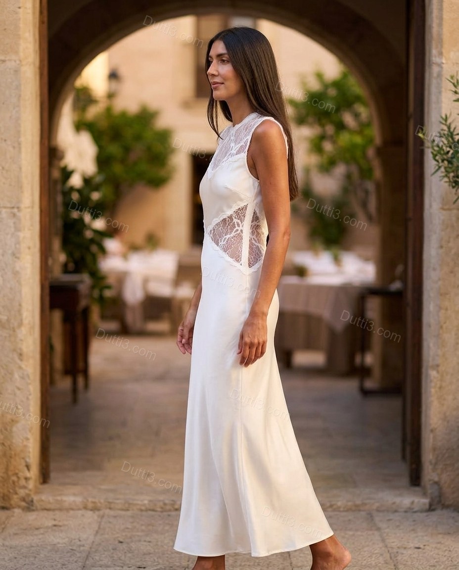 White Floral Maxi Satin Dress, walking lifestyle view, by Dutti3
