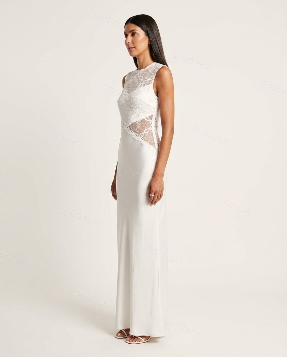 White Floral Maxi Satin Dress, side and back studio view, by Dutti3