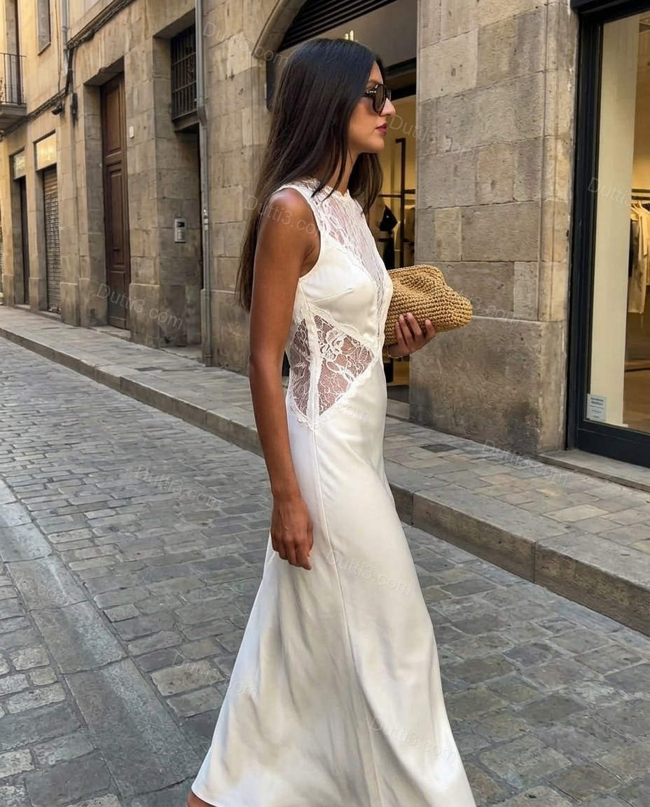White Floral Maxi Satin Dress, movement and fit lifestyle view, by Dutti3