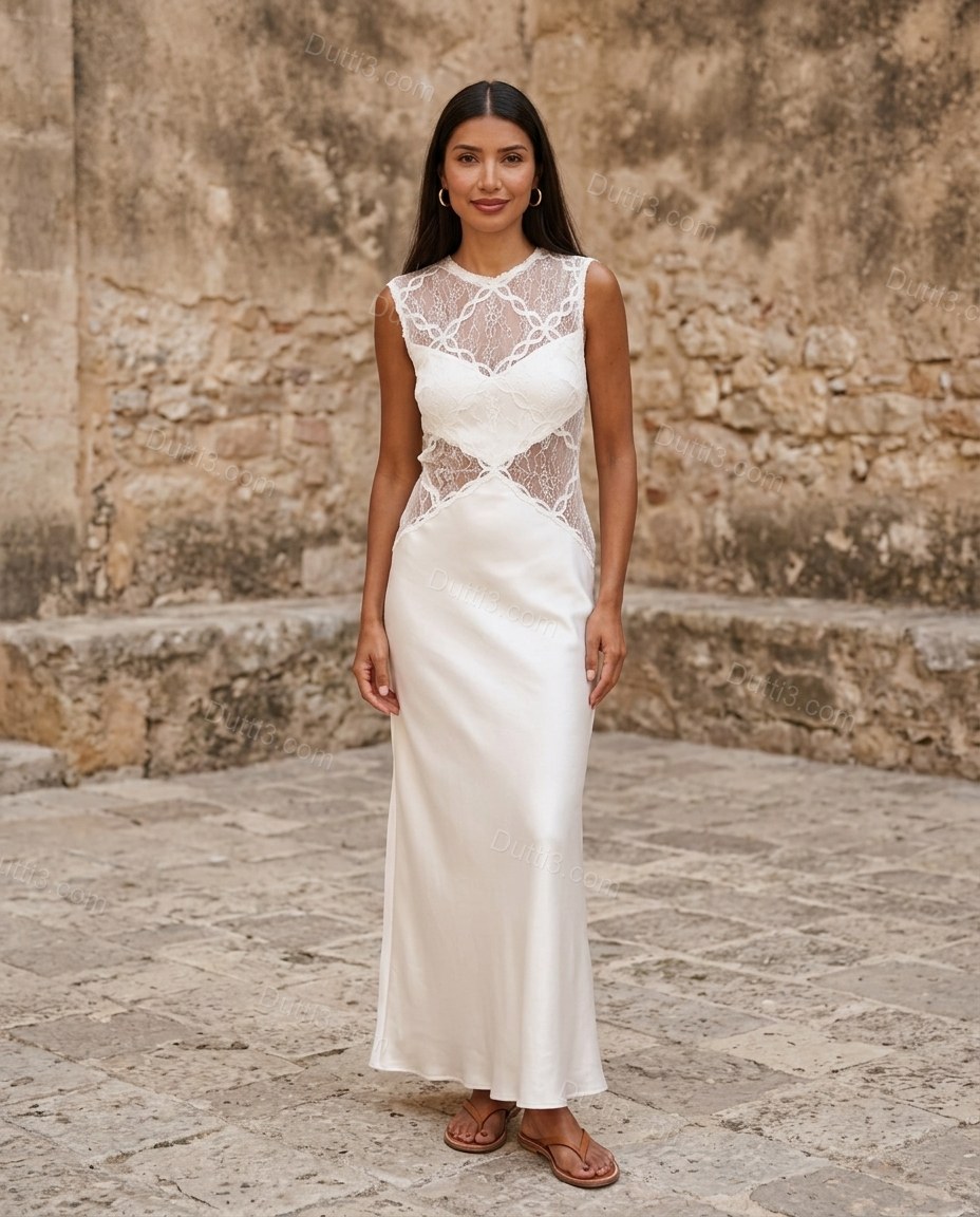White Floral Maxi Satin Dress, full-length hero view, by Dutti3