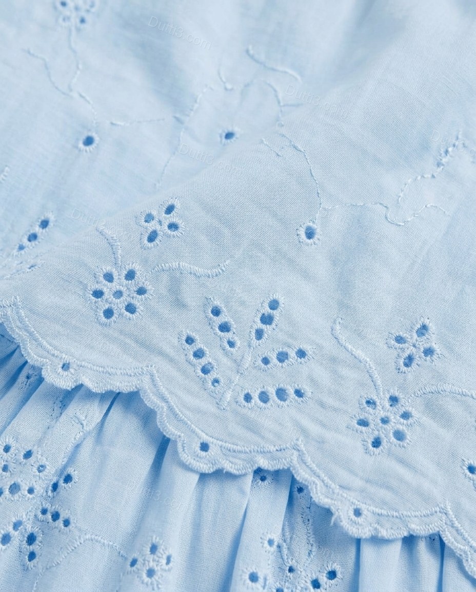 Light Blue Mini Eyelet Tiered Skirt Set, close-up of eyelet cutwork and scalloped hem, by Dutti3