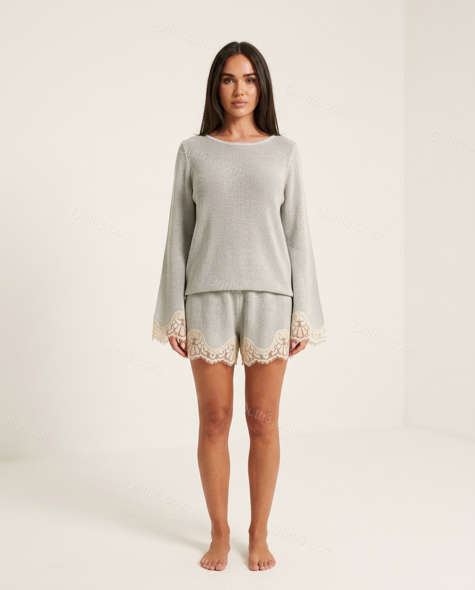 Light Grey Floral Lace Knit Top & Shorts Set, front studio view, by Dutti3