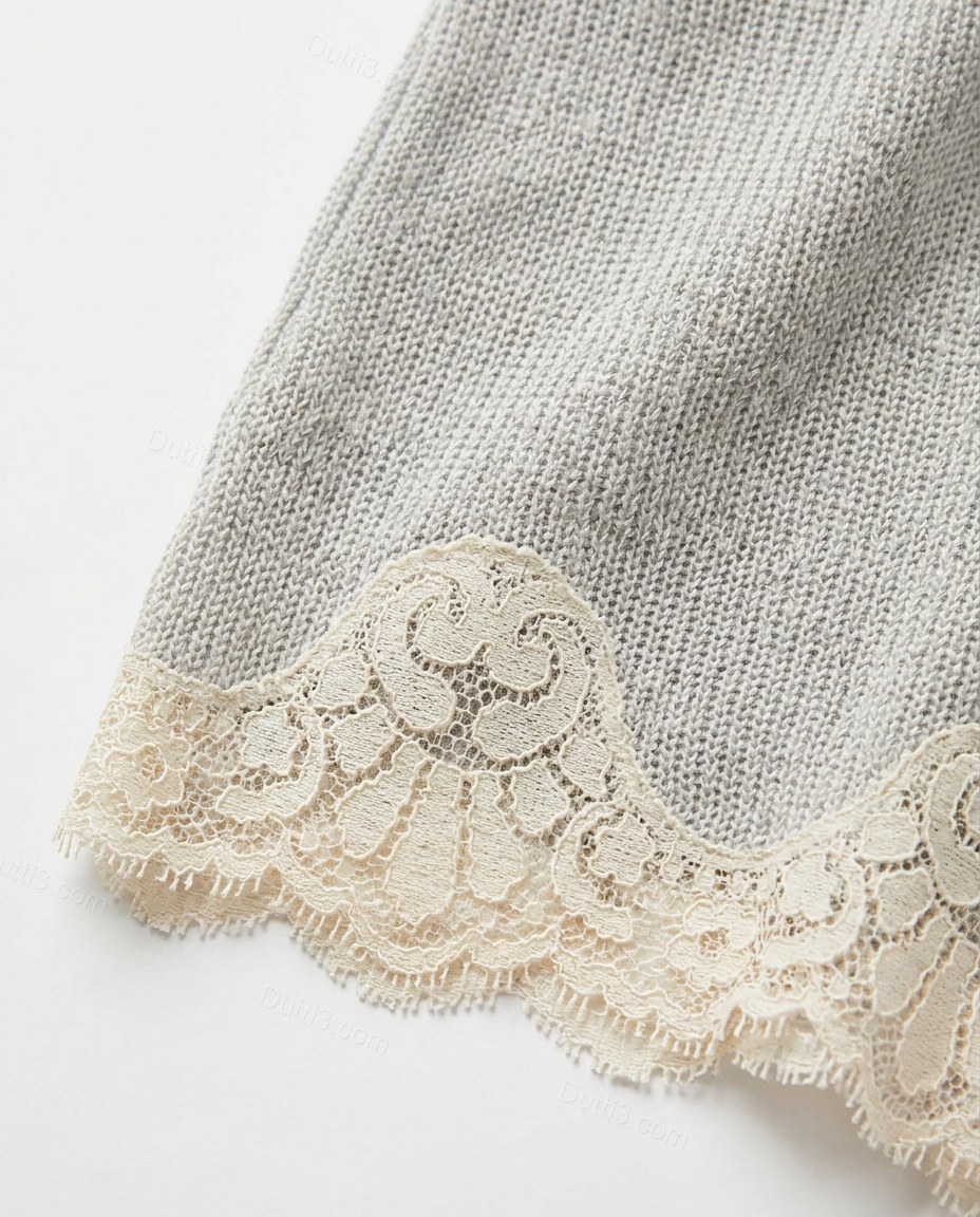Light Grey Floral Lace Knit Top & Shorts Set, close-up of floral and scalloped hem, by Dutti3