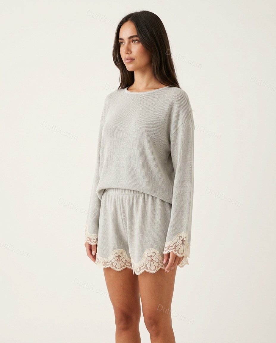 Light Grey Floral Lace Knit Top & Shorts Set, side and back studio view, by Dutti3
