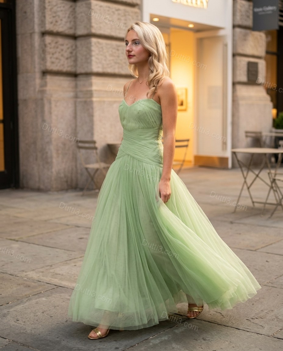 Light Green Midi Strapless Dress, walking lifestyle view, by Dutti3