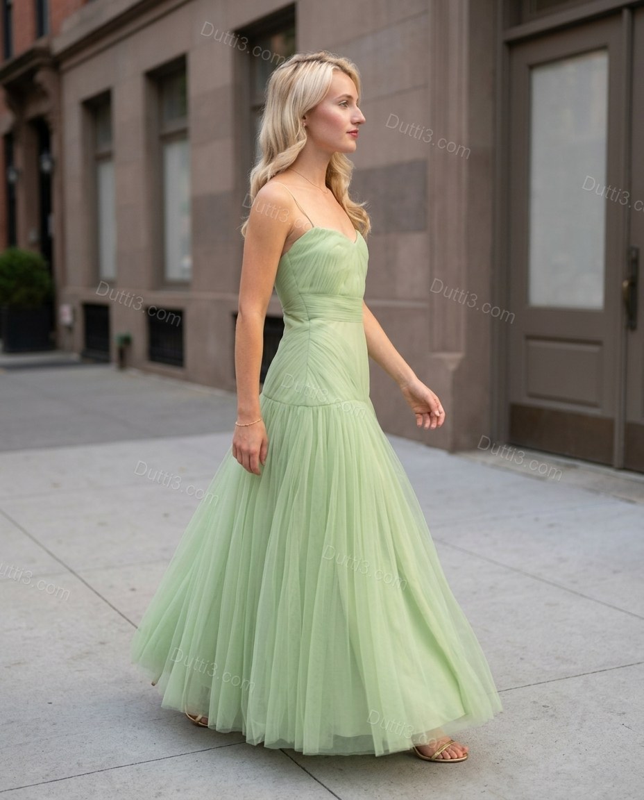 Light Green Midi Strapless Dress, movement and fit lifestyle view, by Dutti3