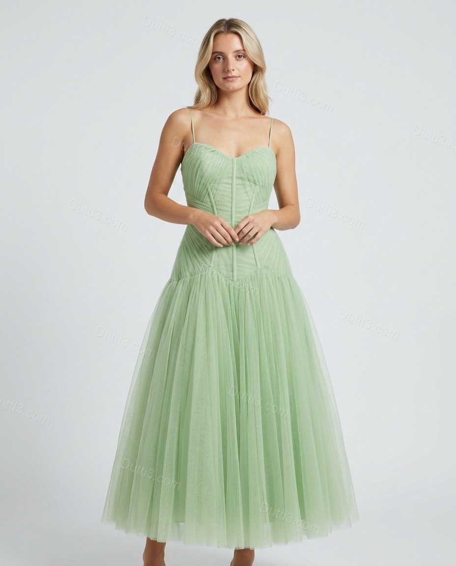 Light Green Midi Strapless Dress, front studio view, by Dutti3