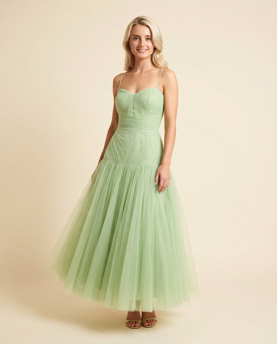 Light Green Midi Strapless Dress, full-length hero view, by Dutti3