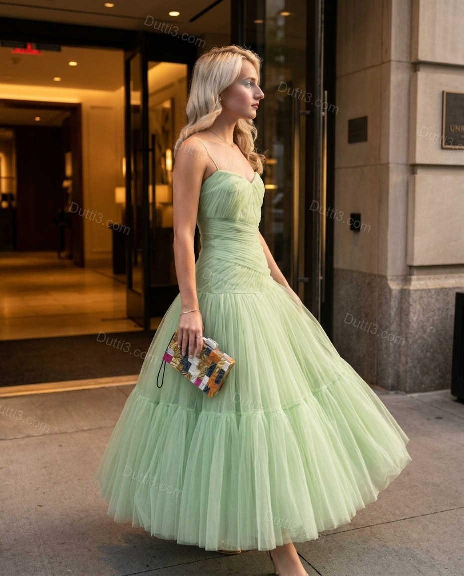 Light Green Midi Strapless Dress, alternate use-case lifestyle view, by Dutti3